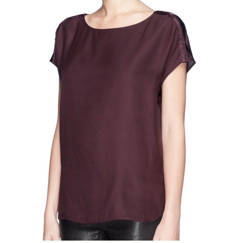 Vince Women Medium Burgundy 100% Silk Button Sleeve Top